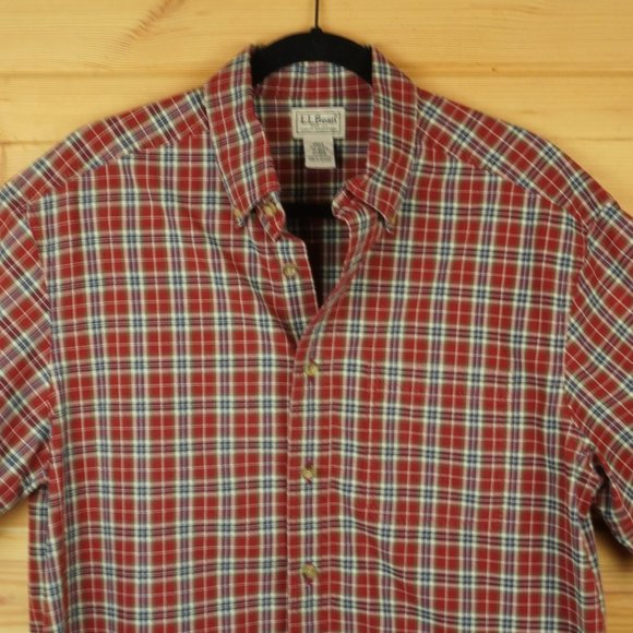 LL Bean Red Plaid Short‎ Sleeve Button Up Shirt Size Medium - Picture 3 of 6